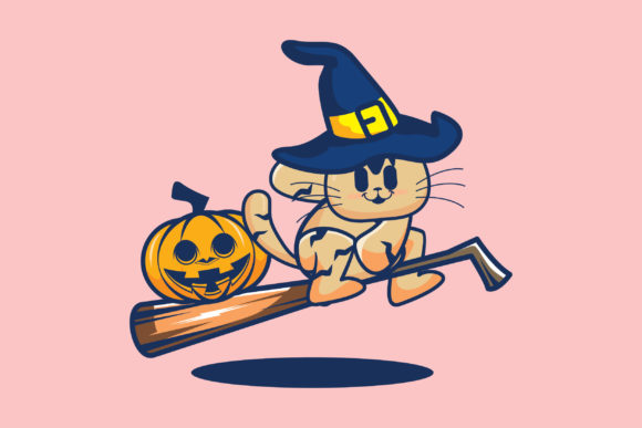 Cute Cat Ride Flying Broom: Creative Illustrations for Modern Projects