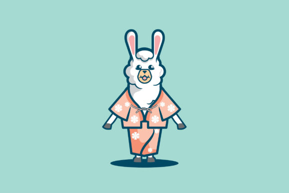 Cute Llama Wearing Japanese Kimono: A Delightful Illustration Set for Modern Design Projects