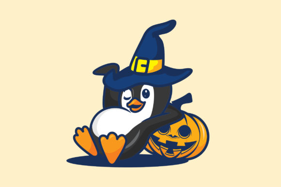 Cute Penguin Laying in Pumpkin Halloween